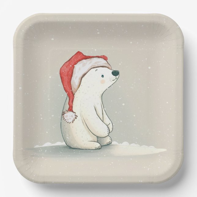 Plato De Papel Navidades Oso Polar En Copos De Nieve (Anverso)