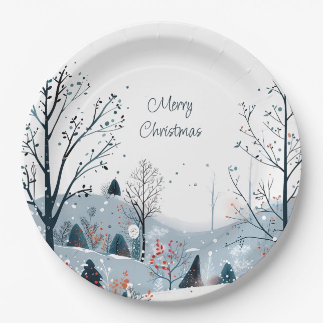 Plato De Papel Navidades paisaje de nieve invierno Feliz Navidad (Anverso)