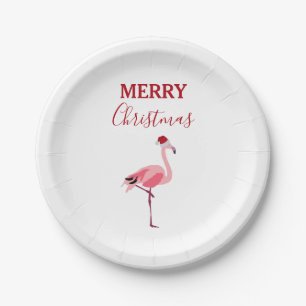 Plato De Papel Navidades Pájaro Flamingo Rosa con Santa Hat