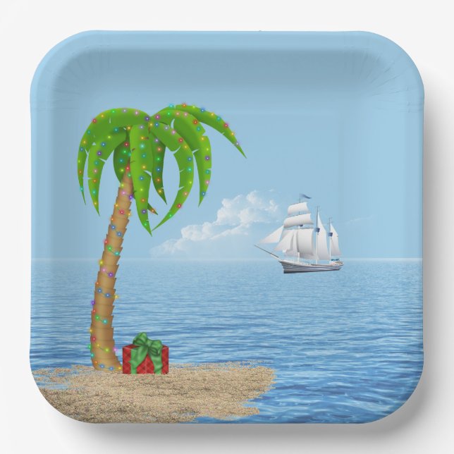Plato De Papel Navidades Palm Tree y Boat (Anverso)