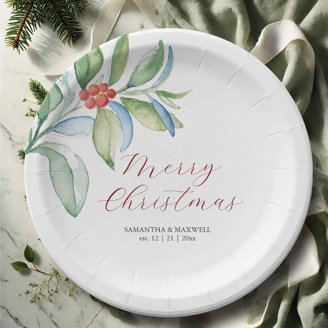 Plato De Papel Navidades Papel Plantea una vegetación festiva sim (Paper plates for Christmas feature watercolor botanicals and Merry Christmas with you custom text)