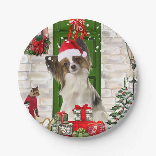 Plato De Papel Navidades Papillon Dog (Anverso)