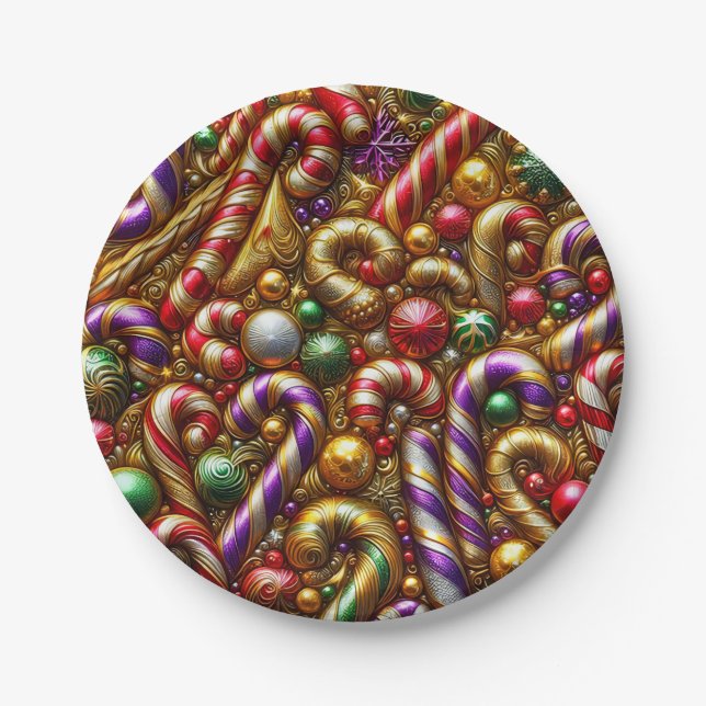 Plato De Papel NAVIDADES PATRÓN ~ Candy ~ Oro verde rojo ~ (Anverso)