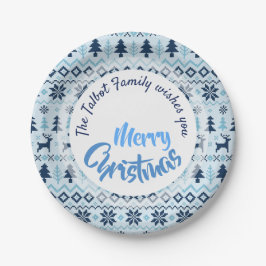Plato De Papel NAVIDADES Patrón de ciervo azul P Plate personaliz