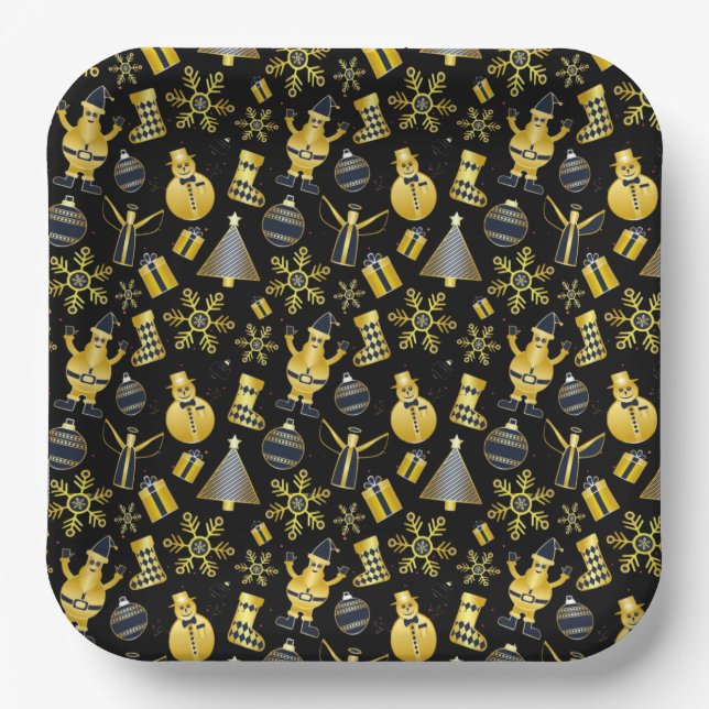 Plato De Papel Navidades Patrón de regalo de oro Santa Snowman (Anverso)