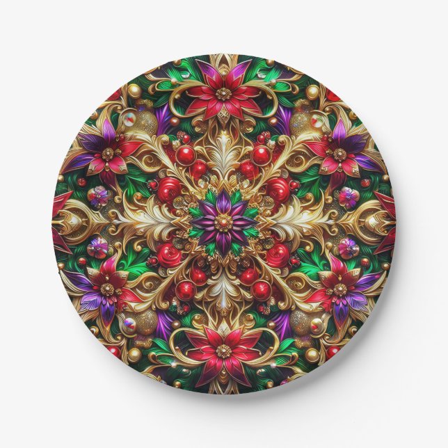 Plato De Papel NAVIDADES PATTERN ~ Floral ~ Oro verde rojo ~ (Anverso)