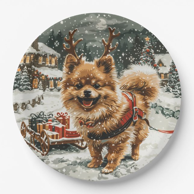 Plato De Papel Navidades Perro reno Pomerania (Anverso)