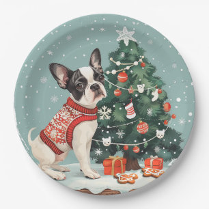 Plato De Papel Navidades Perro Terrier de Boston
