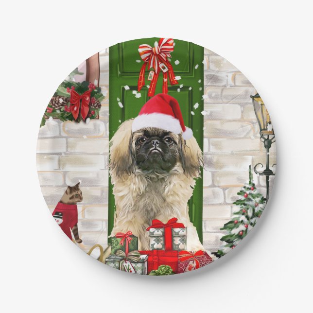 Plato De Papel Navidades Perros de Pekín (Anverso)