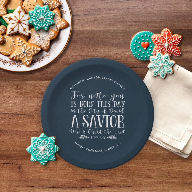 Plato De Papel Navidades personalizados Biblia contra tipografía  (Personalized Christmas Bible Verse Typography Blue Paper Plates)