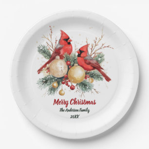 Plato De Papel Navidades personalizados Cardenales rojos y bayas