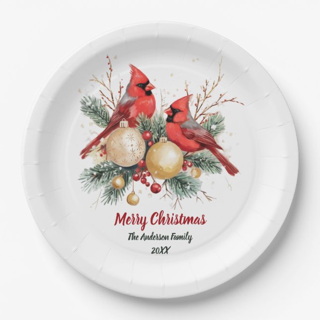 Plato De Papel Navidades personalizados Cardenales rojos y bayas (Anverso)