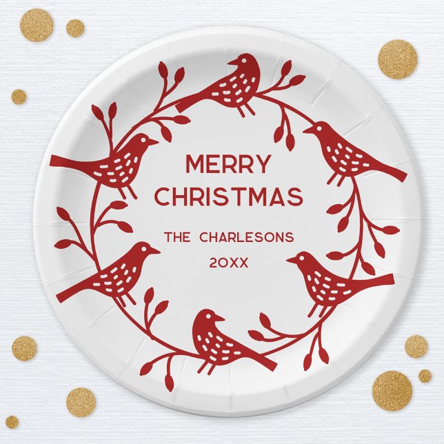 Plato De Papel Navidades personalizados de la avispa de aves esca (Red Scandinavian bird wreath personalized family name date festive Merry Christmas paper plates)