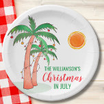 Plato De Papel Navidades personalizados en el Fiesta de julio<br><div class="desc">Navidades personalizados en la plancha de papel Fiesta de julio. ¡Celebremos a los Navidades en julio con una barbacoa o fiesta! Invite a la familia y amigos a la celebración temática de sus Navidades y decorarla con platos de papel de estilo isleño con palmeras dibujadas a mano decoradas con luces....</div>