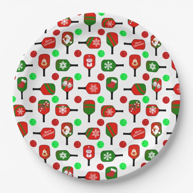 Plato De Papel Navidades Pickleball Red Green Paddles Balls X-Mas (Anverso)