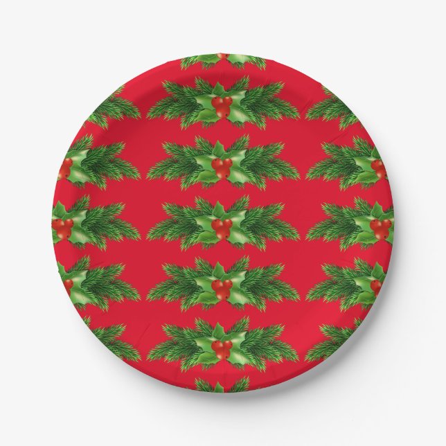 Plato De Papel Navidades Pine Holly y Berries Placas de papel (Anverso)