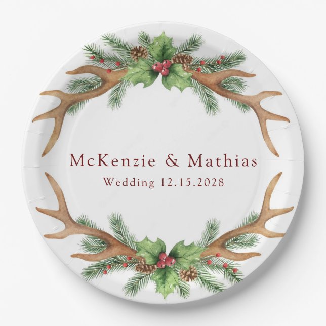 Plato De Papel Navidades Pine y Deer Antlers Boda (Anverso)