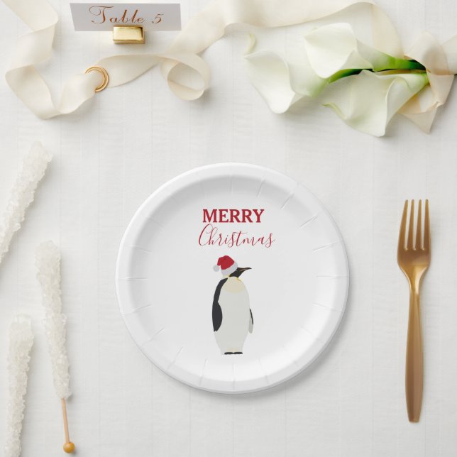 Plato De Papel Navidades pingüino gracioso animal con Santa Hat (Boda)