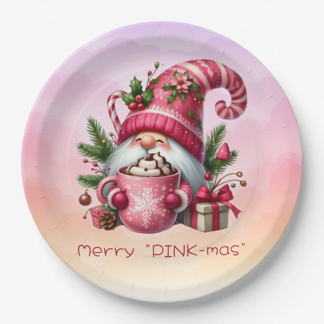 Plato De Papel Navidades "PINK-mas" de cereza Gnome rosado Chocol (Anverso)