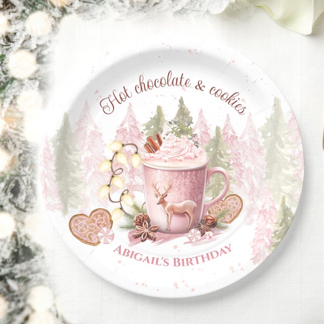 Plato De Papel Navidades Placas de chocolate caliente rosado de c (Christmas Birthday Pink Hot Chocolate Mug Plates)