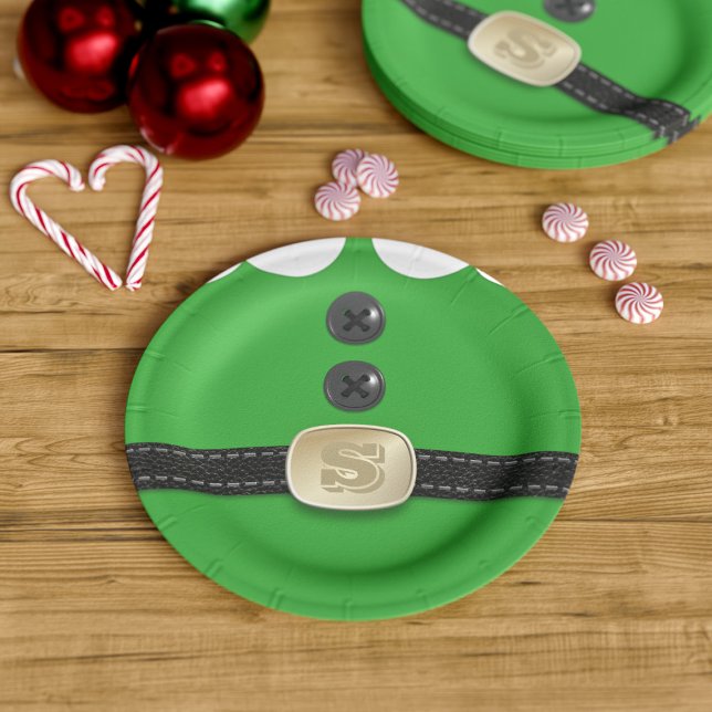 Plato De Papel Navidades Placas de papel monograma de elfo verde (Fun and festive paper plates inspired by a Christmas Elf. Just add your initial to his belt)