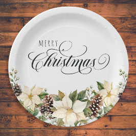 Plato De Papel Navidades Poinsettia blanco redondo