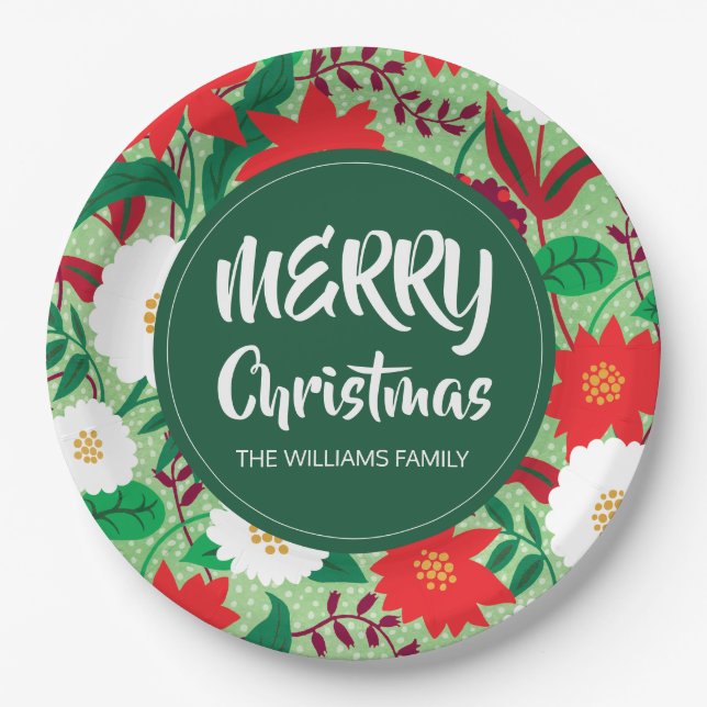 Plato De Papel Navidades Poinsettia Monograma Floral Blanco Rojo (Anverso)