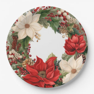 Plato De Papel Navidades Poinsettias y Holly