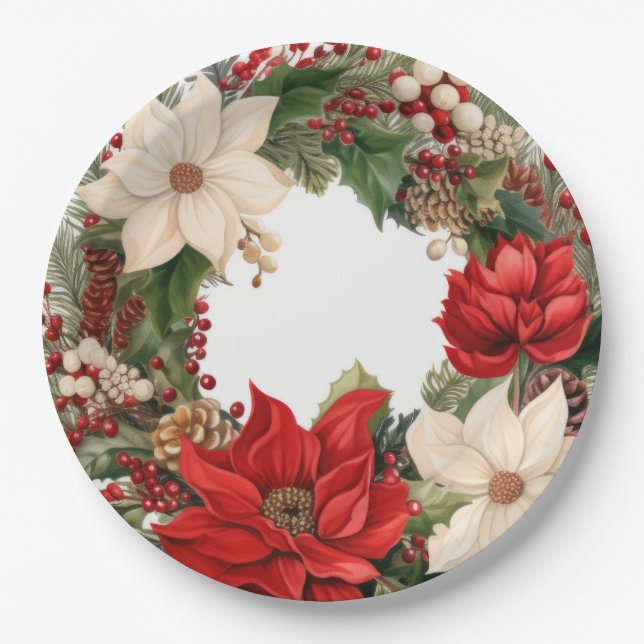 Plato De Papel Navidades Poinsettias y Holly (Anverso)