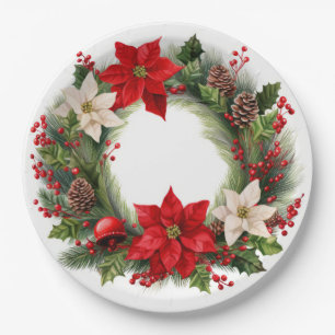 Plato De Papel Navidades Poinsettias y Holly
