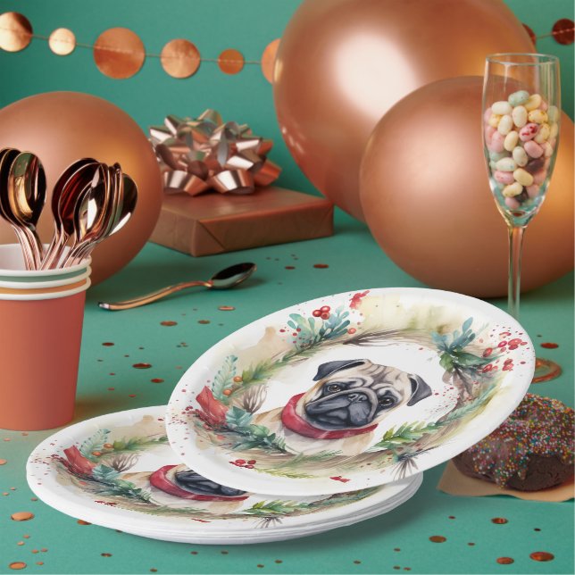 Plato De Papel Navidades Pug Wreath Festix Pup (Multi)