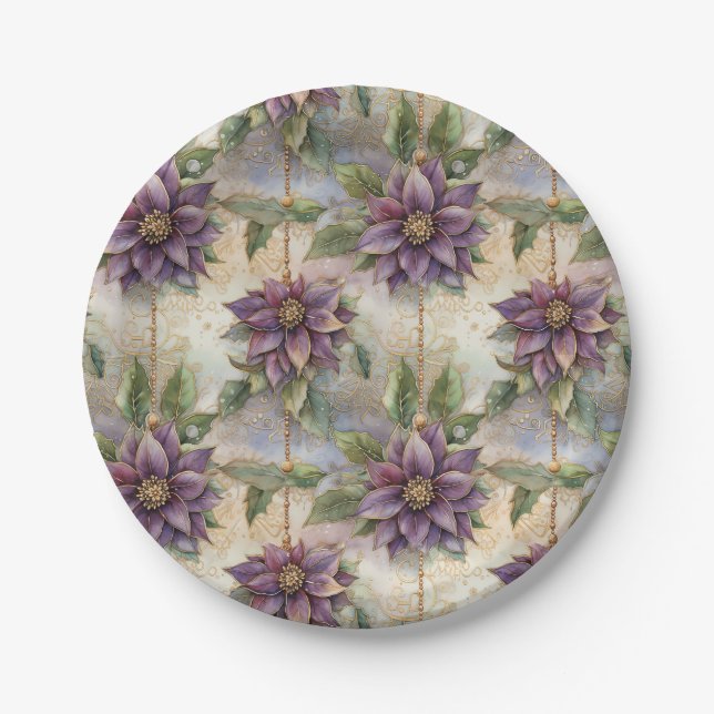 Plato De Papel Navidades Purple Elegance Luxe Poinsettia y Holly (Anverso)