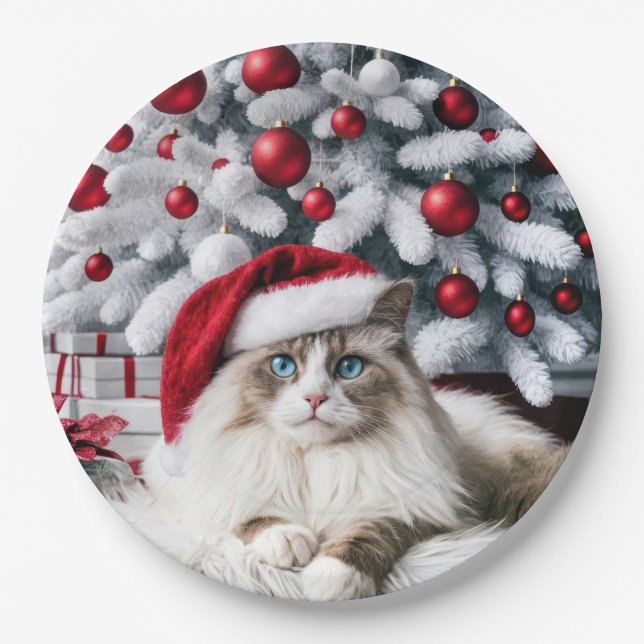 Plato De Papel Navidades Ragdoll Cat en Santa Hat (Anverso)