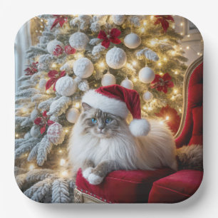 Plato De Papel Navidades Ragdoll Cat Sobre Silla Vintage Roja