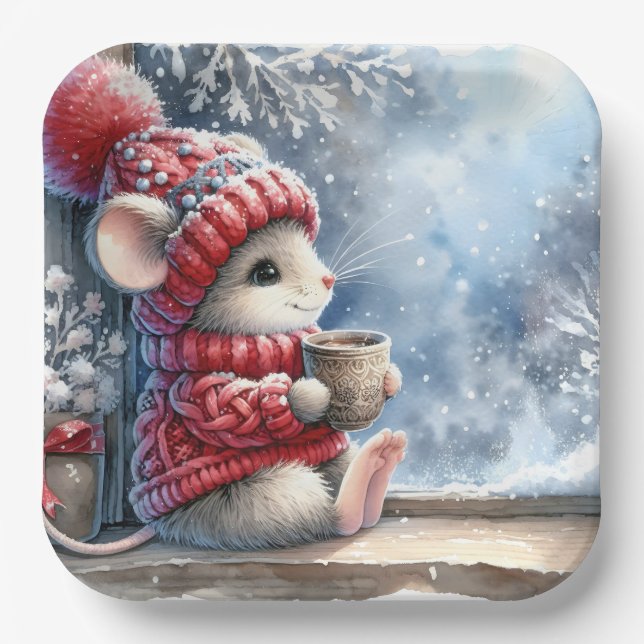 Plato De Papel Navidades Ratón En La Ventana Con Cacao Caliente (Anverso)
