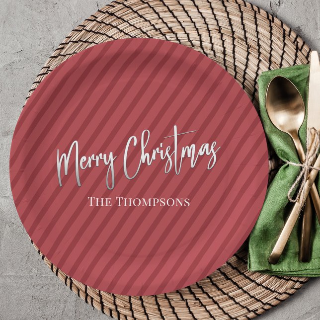 Plato De Papel Navidades recortan caligrafía rayada roja capricho (Merry Christmas holiday silver white calligraphy script lettering. )