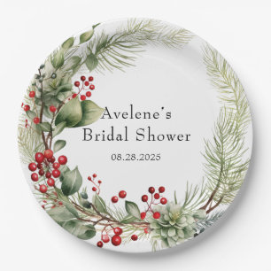 Plato De Papel Navidades Red Berries Pine Wreath Bridal Shower