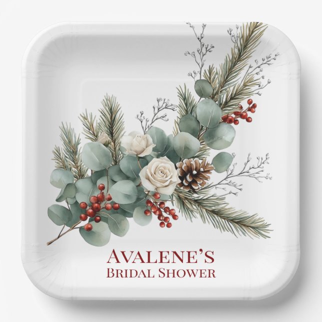 Plato De Papel Navidades Red Berry White Rose Bridal Shower (Anverso)
