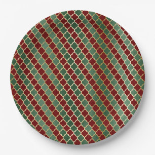 Plato De Papel Navidades Red Gold Green Quatrefoil