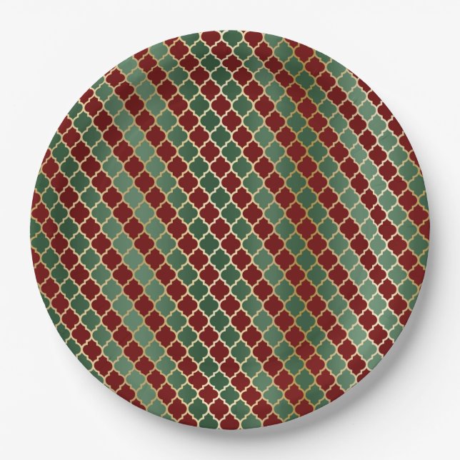 Plato De Papel Navidades Red Gold Green Quatrefoil (Anverso)