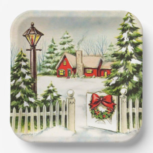 Plato De Papel Navidades Red House Lantern Pine Trees