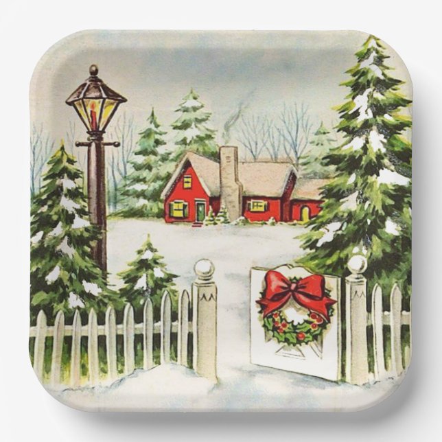 Plato De Papel Navidades Red House Lantern Pine Trees (Anverso)