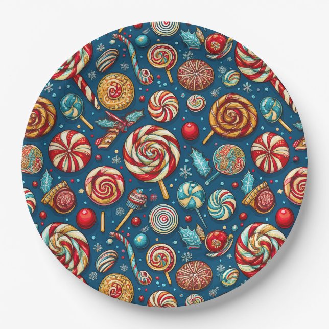 Plato De Papel Navidades Red White Candy Lollipop Azul (Anverso)
