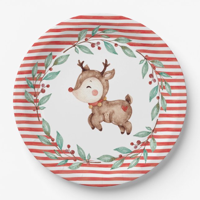 Plato De Papel Navidades Reindeer First Birday Paper Plate (Anverso)