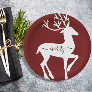 Plato De Papel Navidades reno merry Borgoña