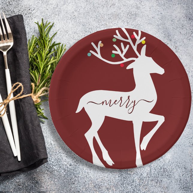 Plato De Papel Navidades reno merry Borgoña (Christmas Reindeer Merry Burgundy Paper Plates)