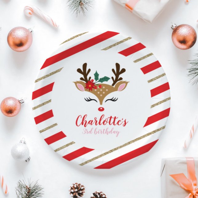 Plato De Papel Navidades Renos Cumpleaños Bandas de Oro Rojas (Subido por el creador)