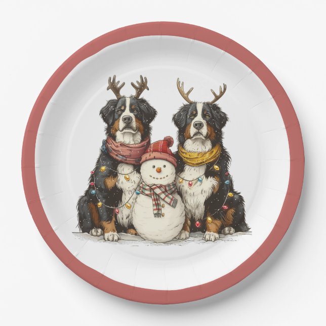 Plato De Papel Navidades renos Perros de montaña Bernese (Anverso)