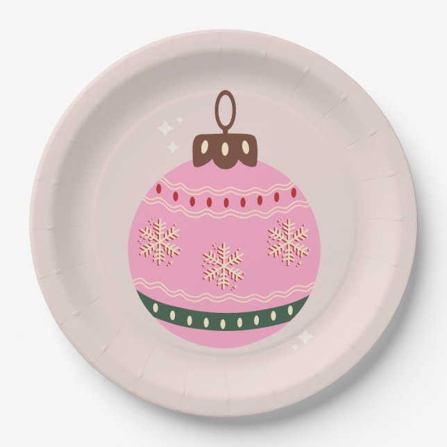 Plato De Papel Navidades retro bauble fiesta rosada (Anverso)