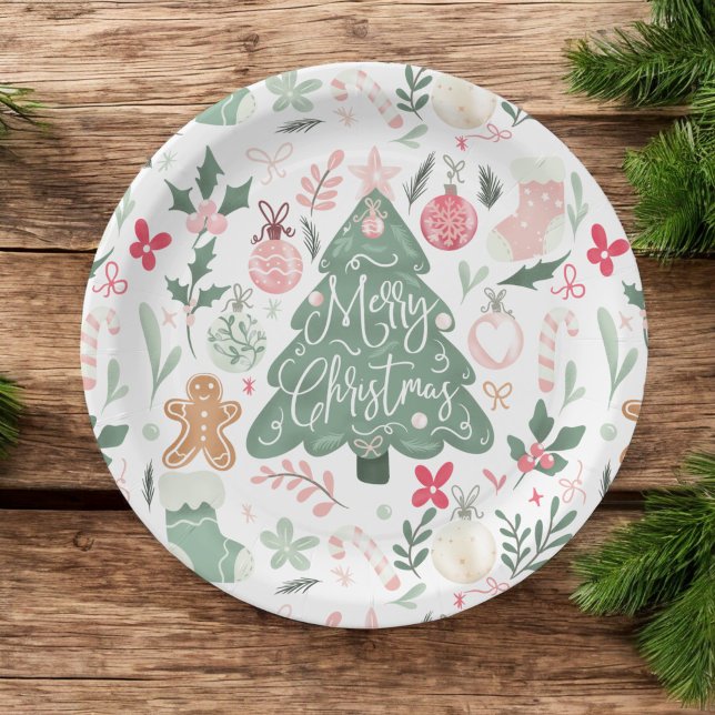 Plato De Papel Navidades retro curados cosas Ilustracion Patrón (Cute retro Christmas things Illustration Pattern Paper Plates)